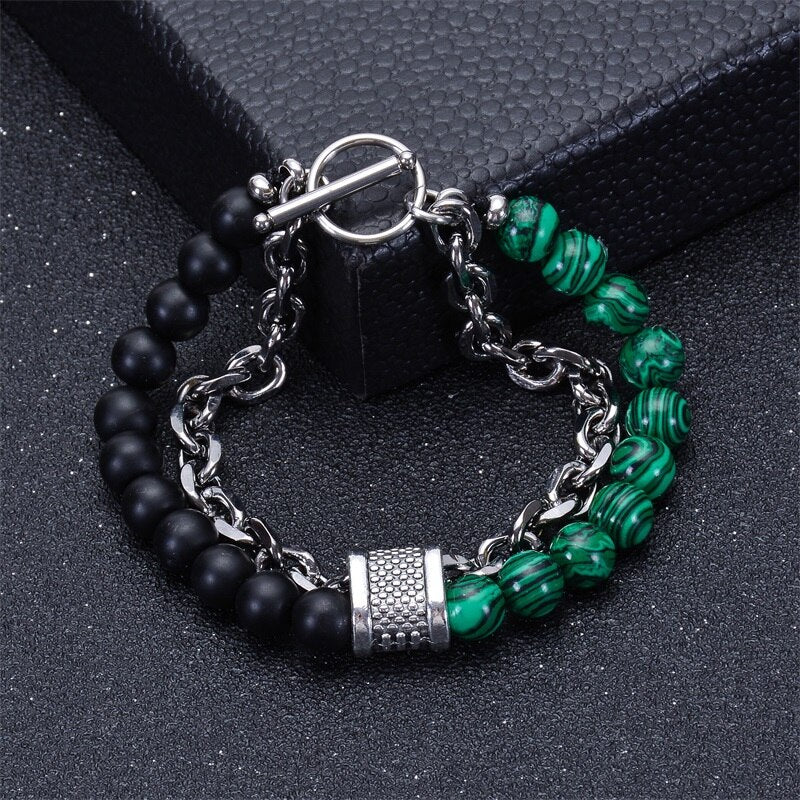 Stainless Steel Natural Map Stone Beaded Bracelet for Men