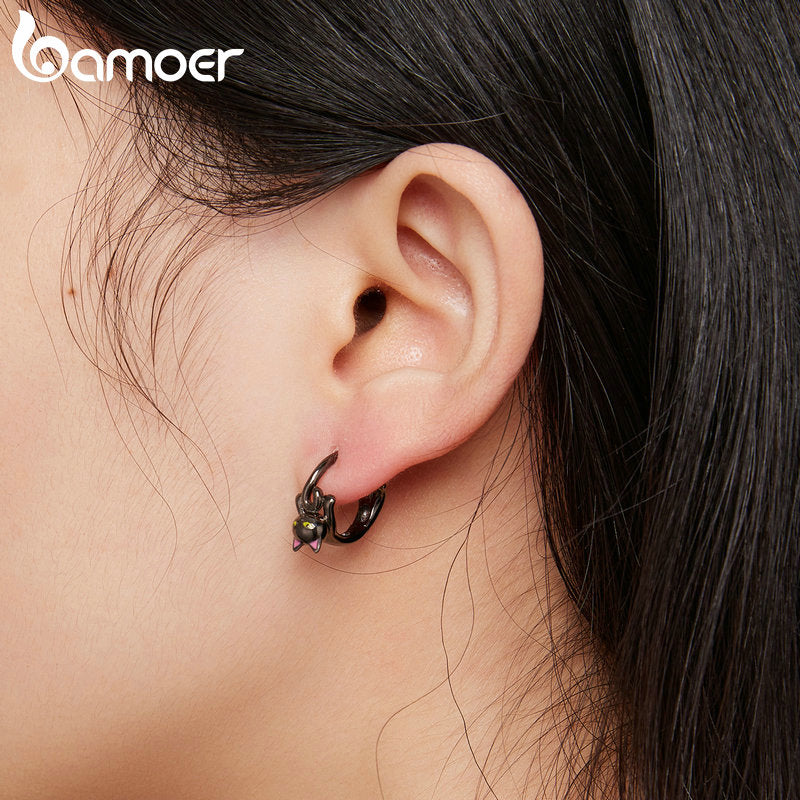 Sterling Silver Black Gold Plated Animal Hoop Earrings with Black Cat Ear Buckles for Women