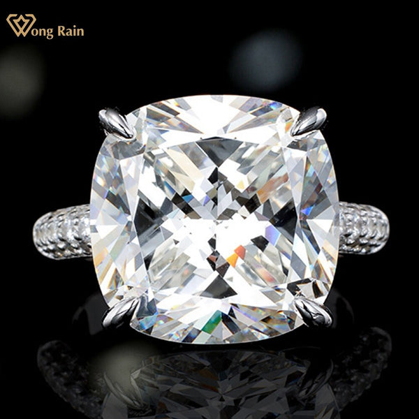 Wong Rain Classic 925 Sterling Silver Cushion Cut Lab White Sapphire Gemstone Wedding Engagement Jewelry Ring Anniversary Gift