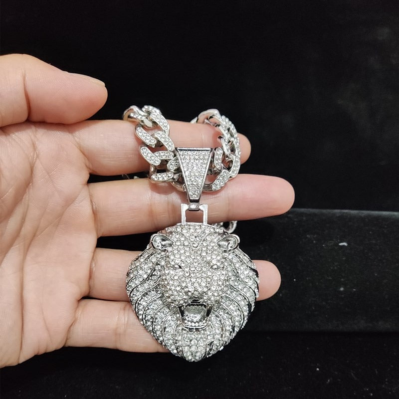 Men Women Hip Hop Lion Pendant Necklace with 13mm Crystal Cuban Chain Iced Out Bling HipHop Animal Necklaces Fashion Jewelry