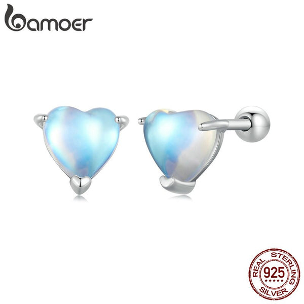 Sterling Silver Heart Moonstone Stud Earrings for Women