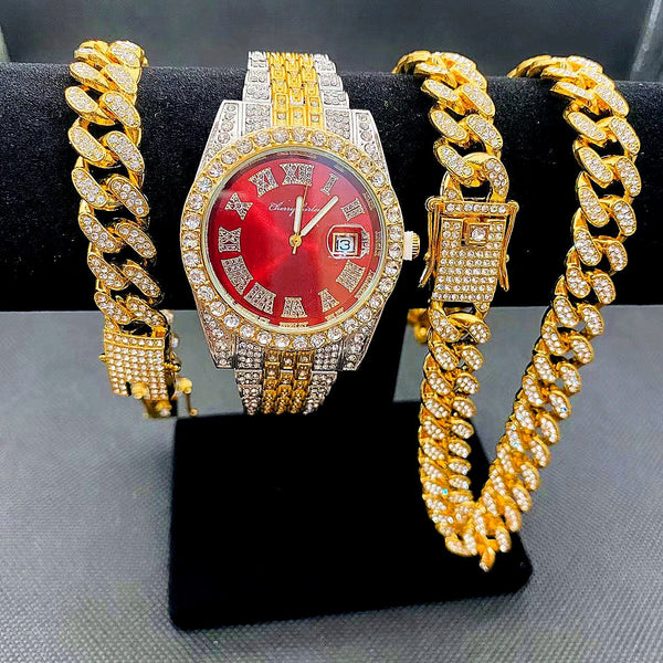 14k Gold Iced Out Watch with Cuban Link Chains Bracelet and Necklace Set for Men