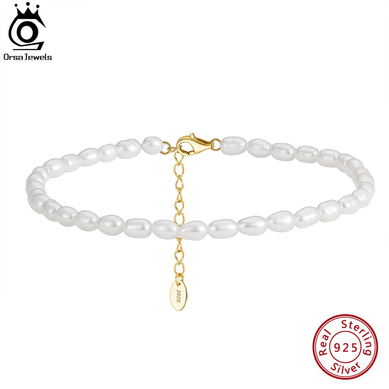 925 Sterling Silver Natural Rice Pearls Anklets for Women