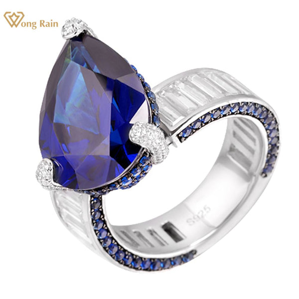 Wong Rain Vintage 100% 925 Sterling Silver Pear Cut Lab Sapphire High Carbon Diamonds Ring Gemstones Fine Jewelry Wholesale
