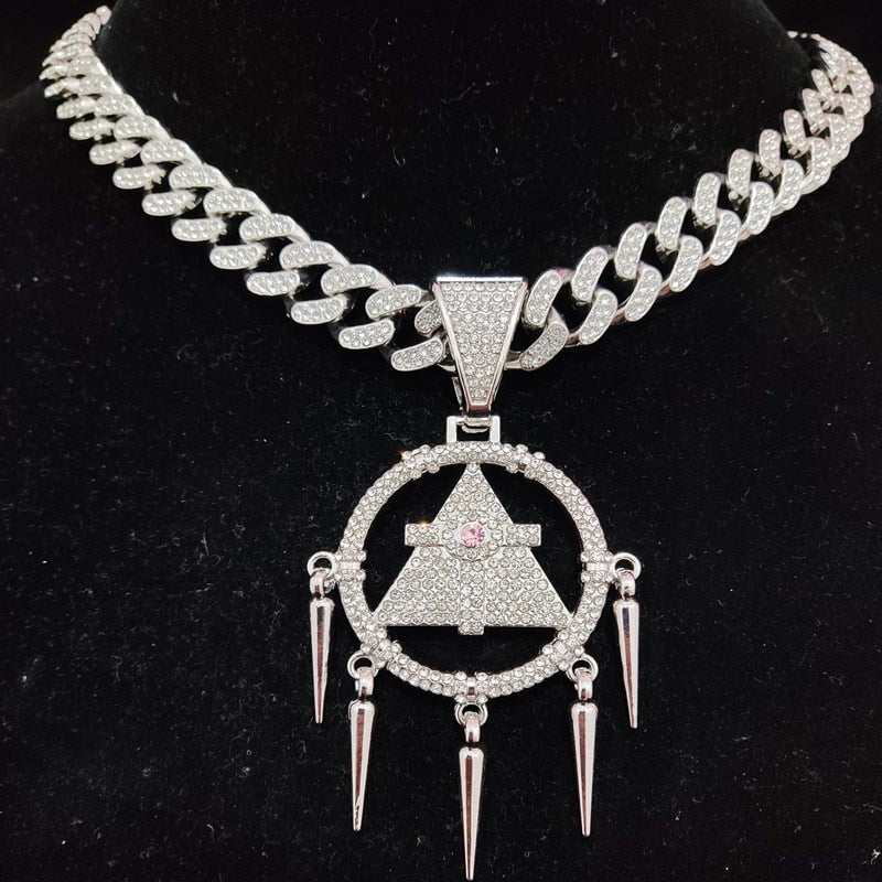 Silver Triangle Pendant Necklace with 13mm Crystal Cuban Chain for Men and Women