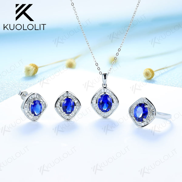 925 Sterling Silver Sapphire Oval Gemstone Jewelry Set for Women