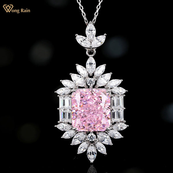 Wong Rain 925 Sterling Silver Crushed Ice Cut Lab Pink Sapphire Citrine Gemstone Necklace Pendant Fine Jewelry Anniversary Gift