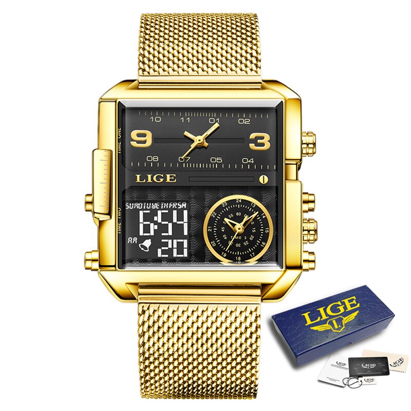 Gold Steel Square Digital Analog Quartz Watch for Man