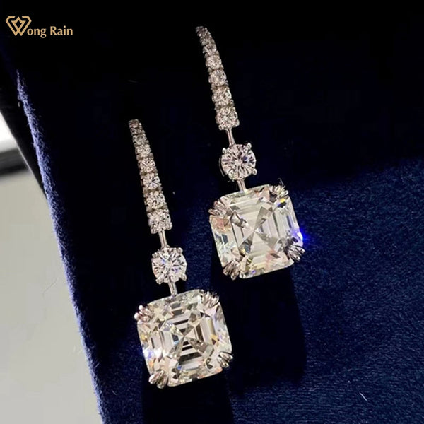 Wong Rain 925 Sterling Silver Asscher Cut 3CT White Sapphire Gemstone Dangle Earrings Wedding Engagement Fine Jewelry for Women
