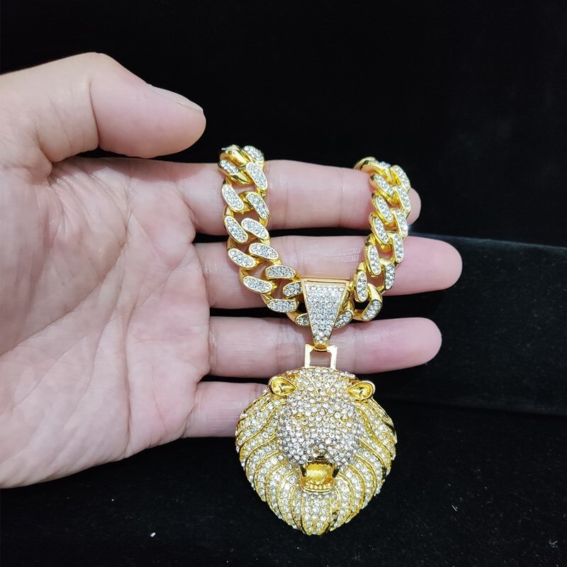 Men Women Hip Hop Lion Pendant Necklace with 13mm Crystal Cuban Chain Iced Out Bling HipHop Animal Necklaces Fashion Jewelry