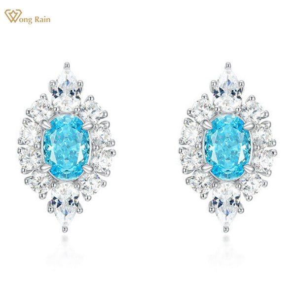 Wong Rain 925 Sterling Silver Crushed Ice Cut Oval 5*7 MM Aquamarine Gemstone Ear Studs Earrings Gift Jewelry Free Shipping