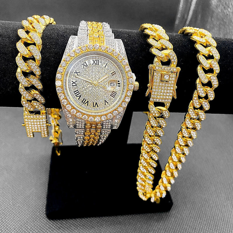 14K Gold Iced Out Watches Men's Cuban Link Chain Bracelet Necklace Set for Men