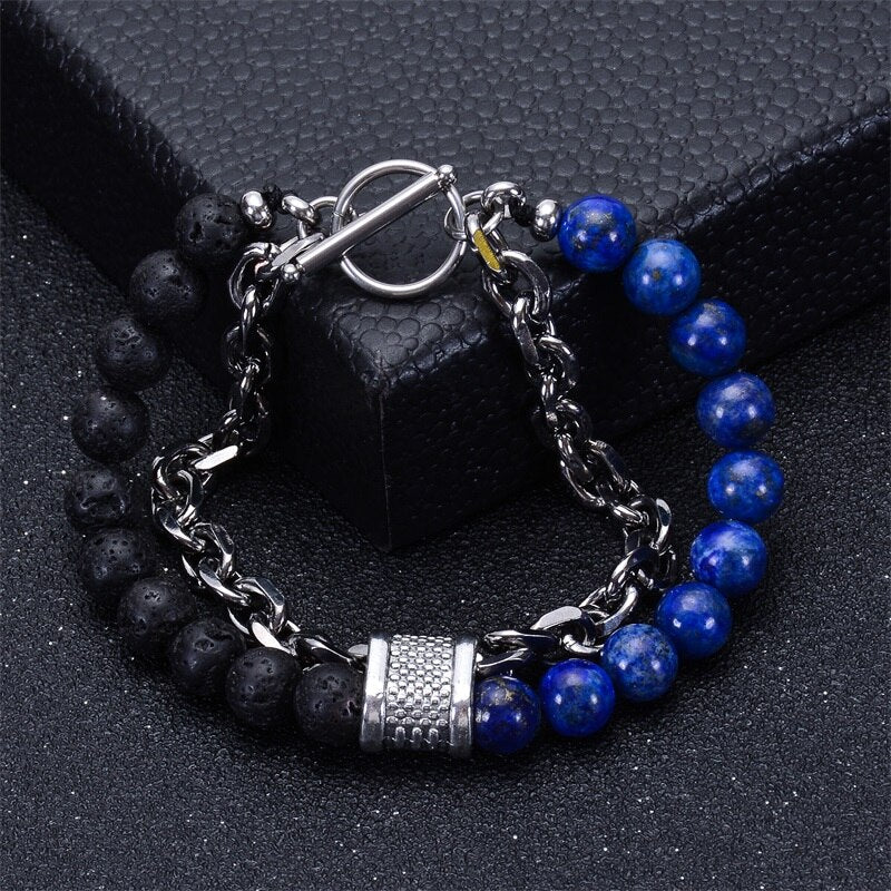 Stainless Steel Natural Map Stone Beaded Bracelet for Men