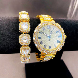 Silver/Gold Iced Out Diamond Watch with Tennis Chain Bracelet Set for Women