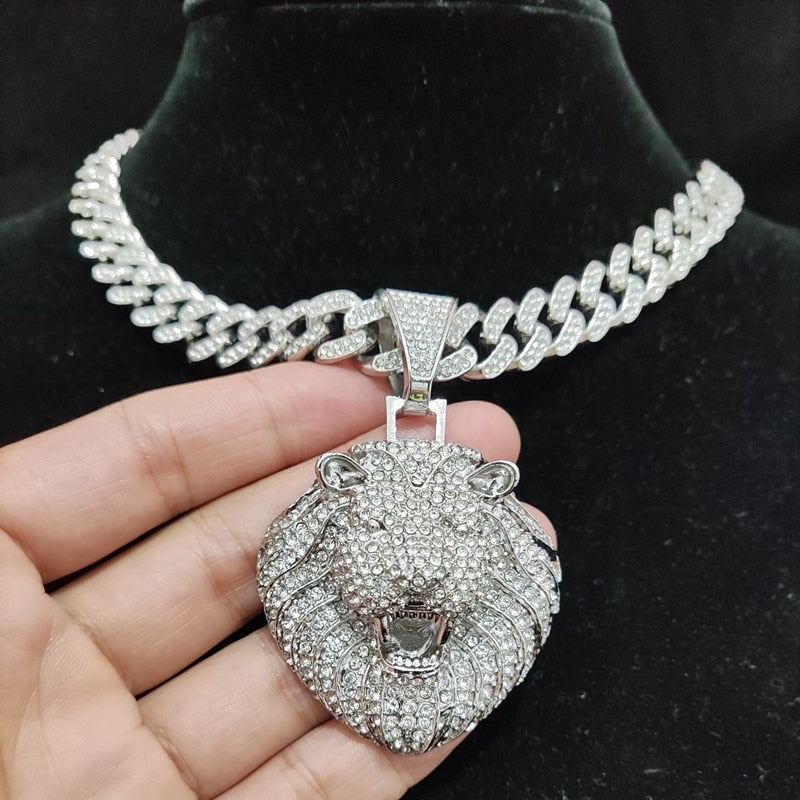 Men Women Hip Hop Lion Pendant Necklace with 13mm Crystal Cuban Chain Iced Out Bling HipHop Animal Necklaces Fashion Jewelry