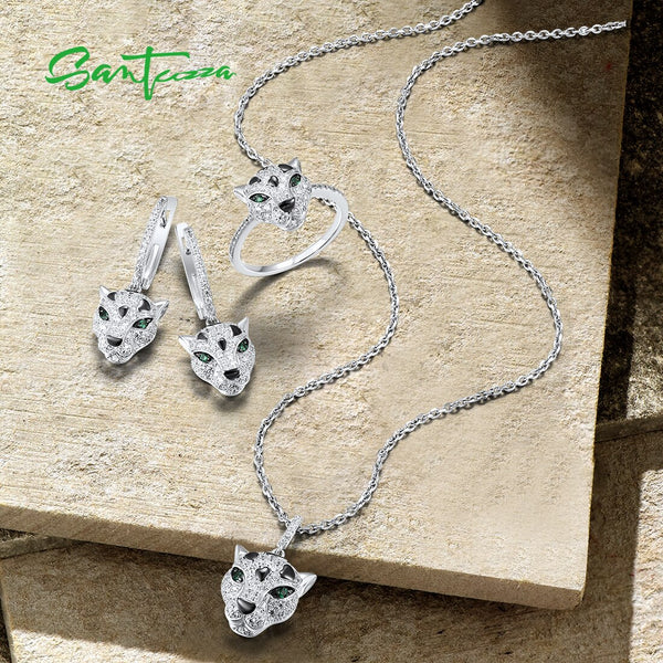 925 Sterling Silver Green Spinel & White CZ Leopard Pendant & Earrings & Ring Set for Women