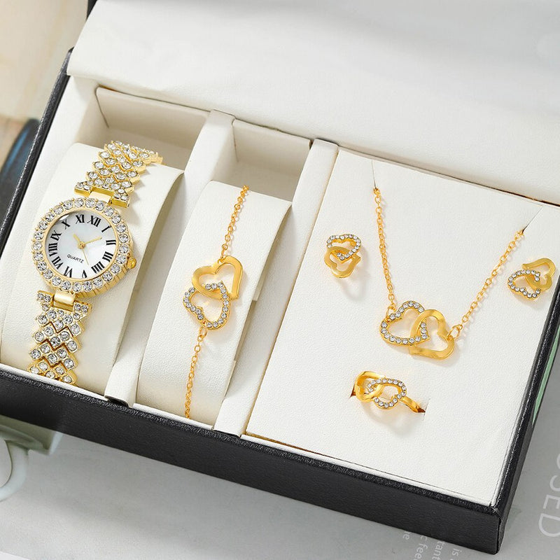 Stainless Steel Quartz Watch, Necklace, Bracelet & Earrings & Ring Set for Women