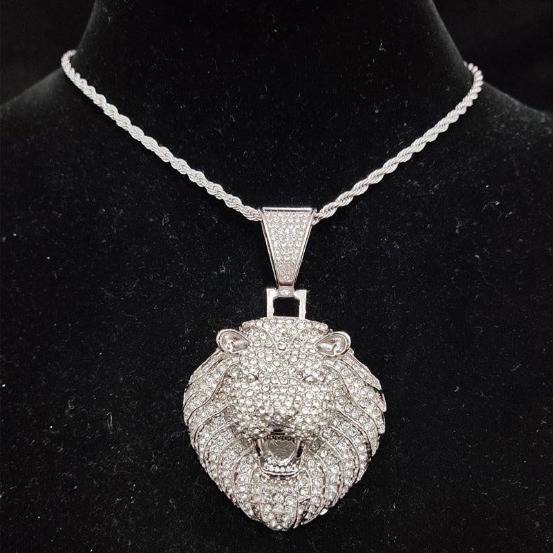 Men Women Hip Hop Lion Pendant Necklace with 13mm Crystal Cuban Chain Iced Out Bling HipHop Animal Necklaces Fashion Jewelry