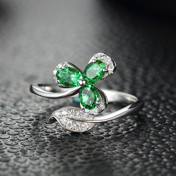 925 Sterling Silver Emerald Three Green Leaf Opening Ring for Women