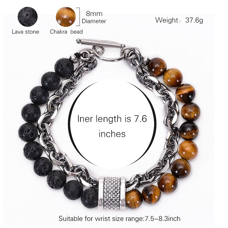 Stainless Steel Natural Map Stone Beaded Bracelet for Men