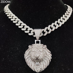 Men Women Hip Hop Lion Pendant Necklace with 13mm Crystal Cuban Chain Iced Out Bling HipHop Animal Necklaces Fashion Jewelry