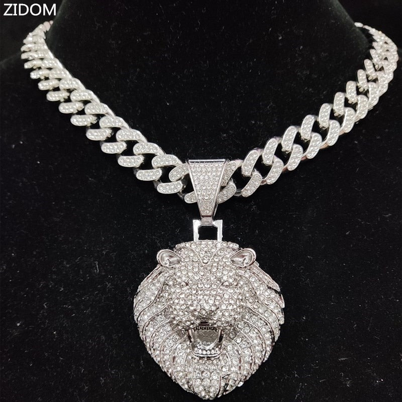 Men Women Hip Hop Lion Pendant Necklace with 13mm Crystal Cuban Chain Iced Out Bling HipHop Animal Necklaces Fashion Jewelry