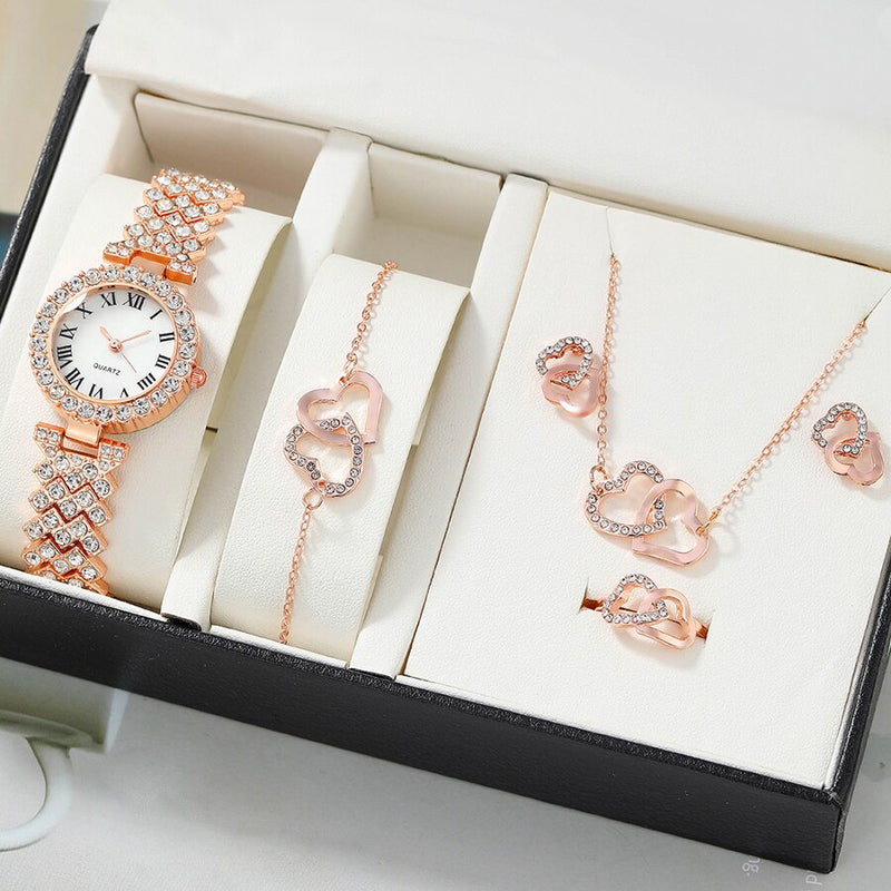 Stainless Steel Quartz Watch, Necklace, Bracelet & Earrings & Ring Set for Women