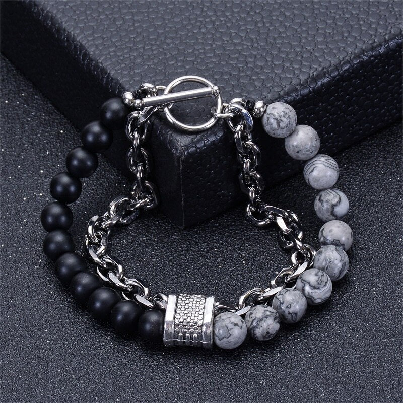 Stainless Steel Natural Map Stone Beaded Bracelet for Men