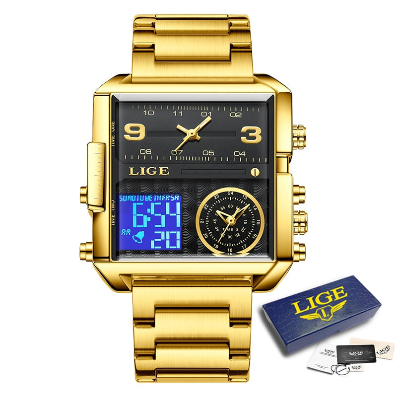 Gold Steel Square Digital Analog Quartz Watch for Man