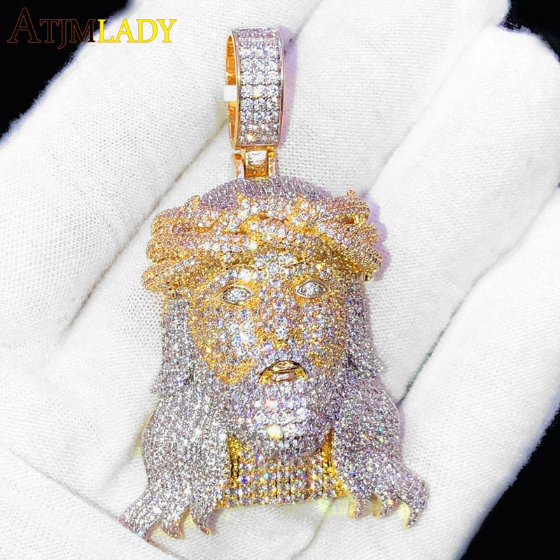 Silver 5A Cubic Zirconia CZ Big Jesus Christ Head Pendant for Men