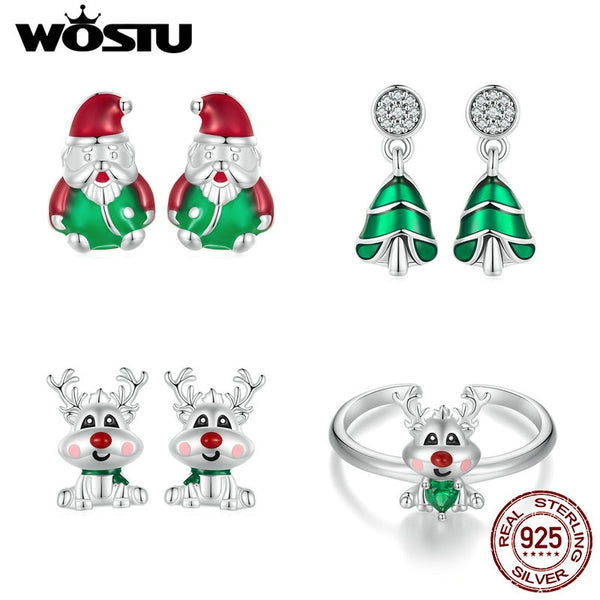 925 Sterling Silver Reindeer and Christmas Tree Drop Earrings for Women