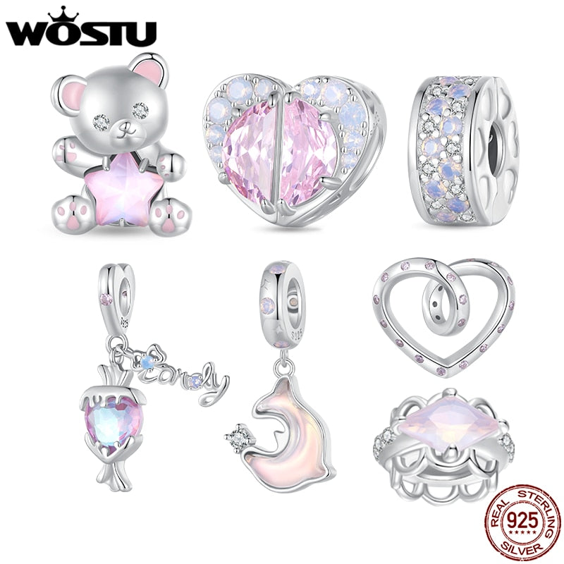 925 Sterling Silver Pink Heart, Bear, and Dolphin Bead Charms for Girls