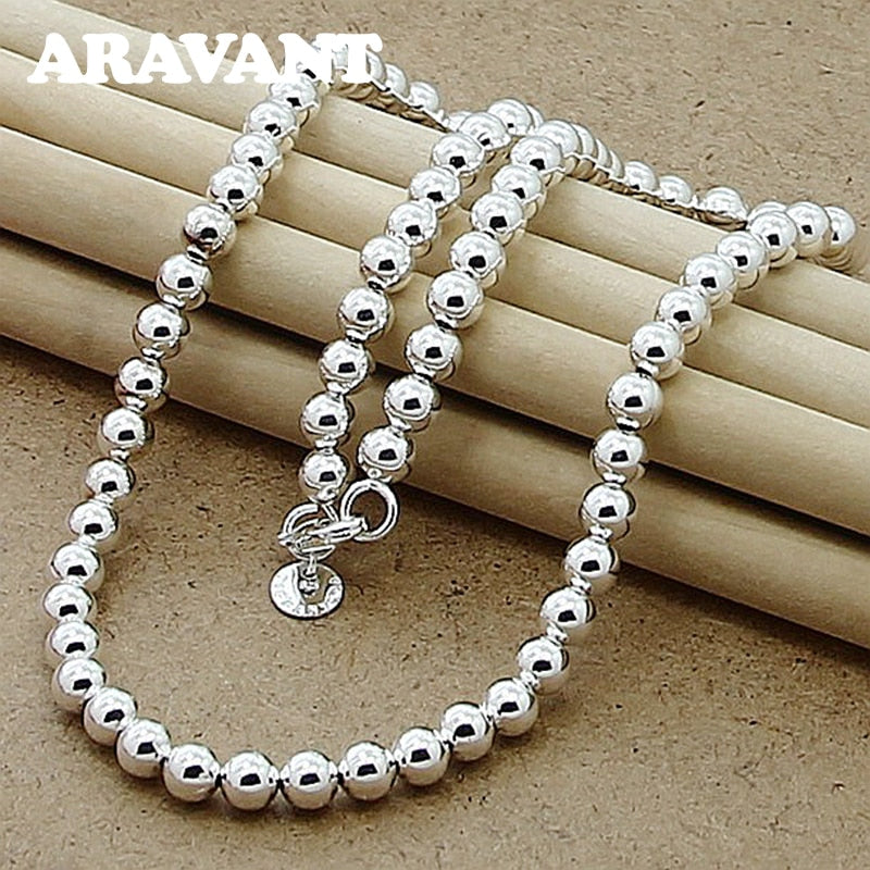 Sterling Silver 8MM/10MM Bead Bracelet Necklace Chain Set for Men & Women