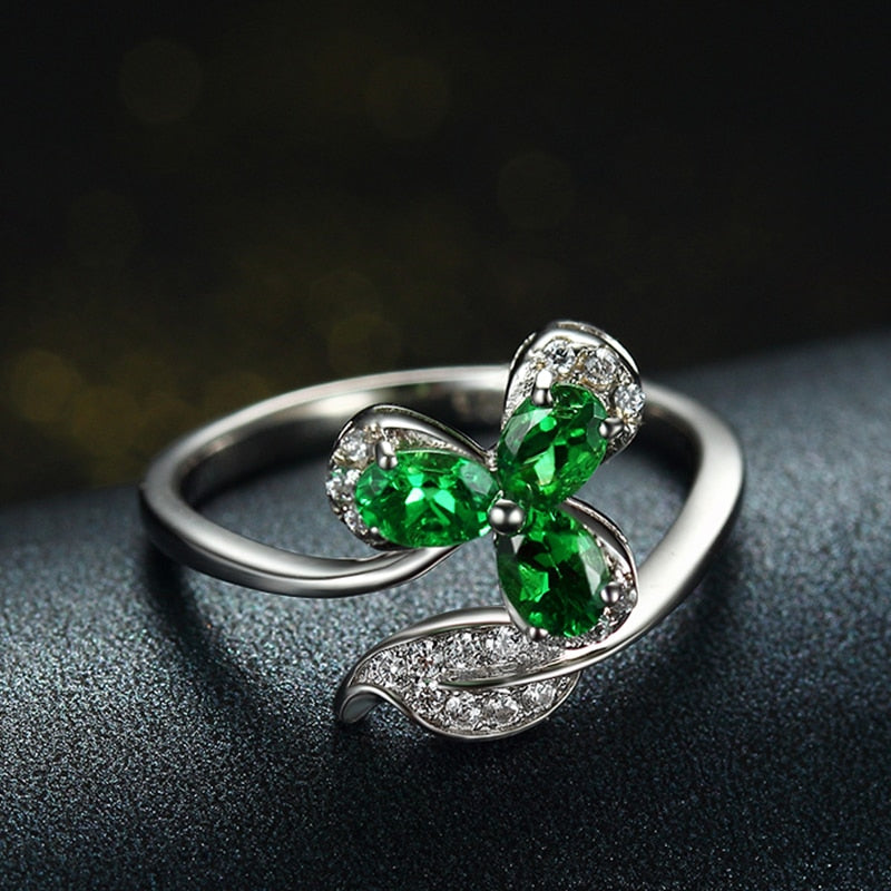 925 Sterling Silver Emerald Three Green Leaf Opening Ring for Women