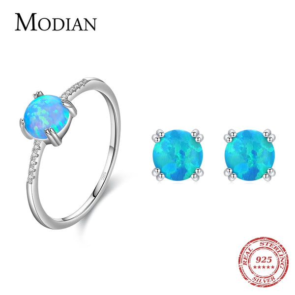 MODIAN Natural Opals Series Jewelry Set 925 Sterling Silver Luxury Finger Ring & Stud Earrings For Women Fine Jewelry Gift