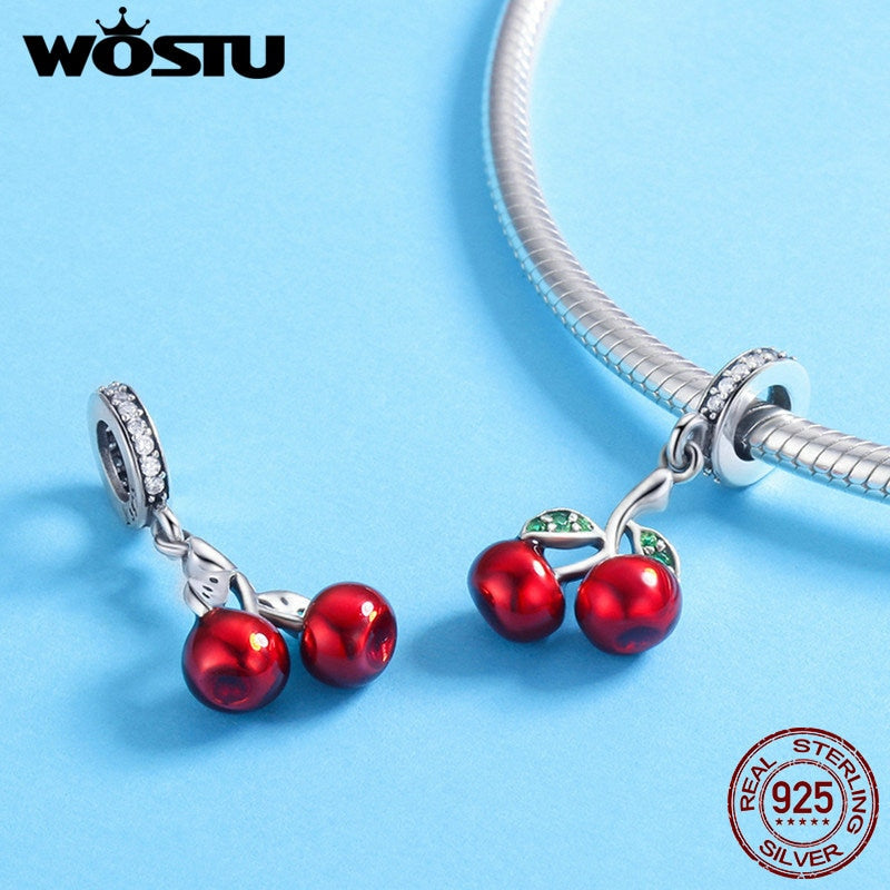 Sterling Silver Rose Flower Charms Wine Cup Pendant with Cherry Beads for DIY Necklace Jewelry.