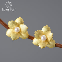 Sterling Silver Natural Pearl Begonia Flower Stud Earrings for Women