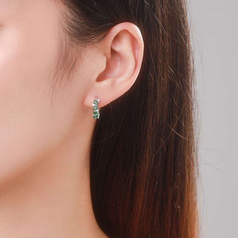 Sterling Silver Green and Clear Rhombus Zirconia Hoop Earrings for Women