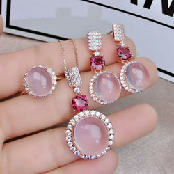 925 Sterling Silver Rose Quartz Gemstone Necklace Earrings and Ring Set for Women