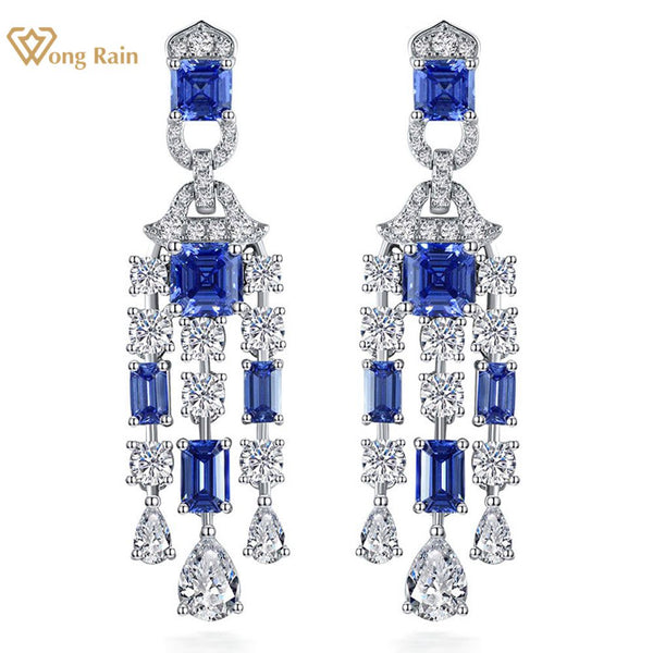 Wong Rain Vintage 925 Sterling Silver Lab Sapphire Ruby High Carbon Diamonds Gemstone Tassel Drop Dangle Earrings Fine Jewelry