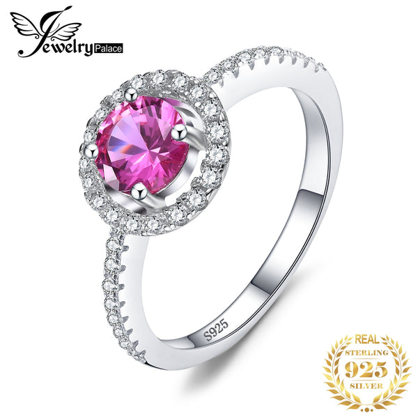 JewelryPalace Round 1.1ct Created Pink Sapphire 925 Sterling Silver Halo Ring for Women Fashion Engagement Wedding Jewelry