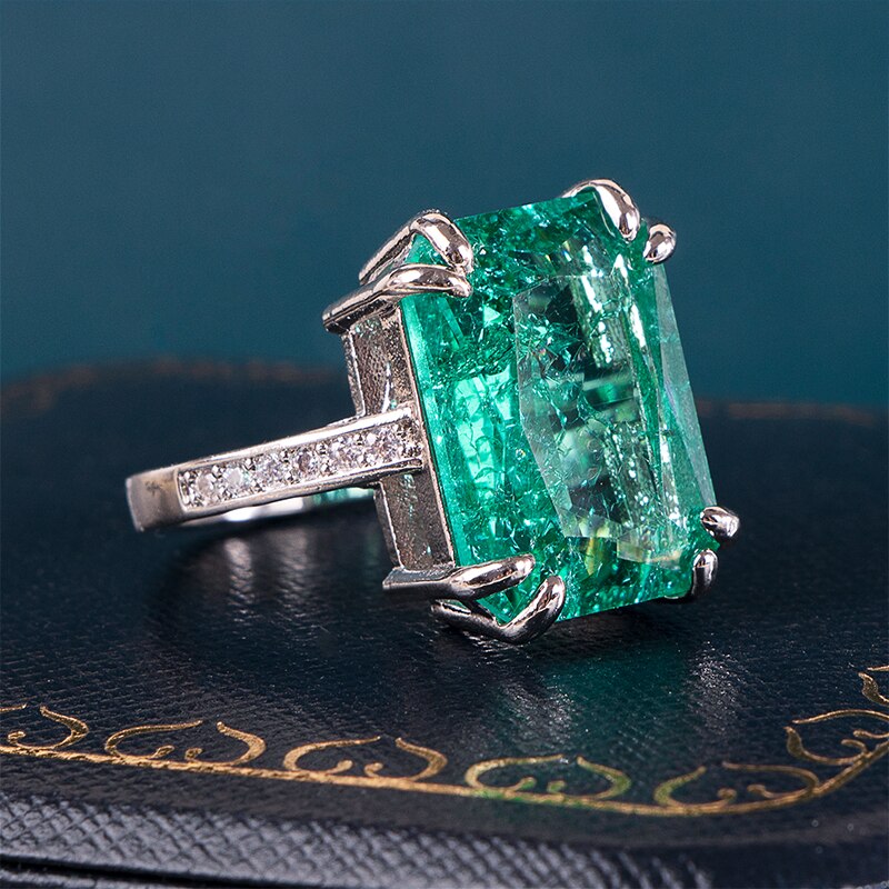 Sterling Silver Rectangle Green Gemstone Ring for Women