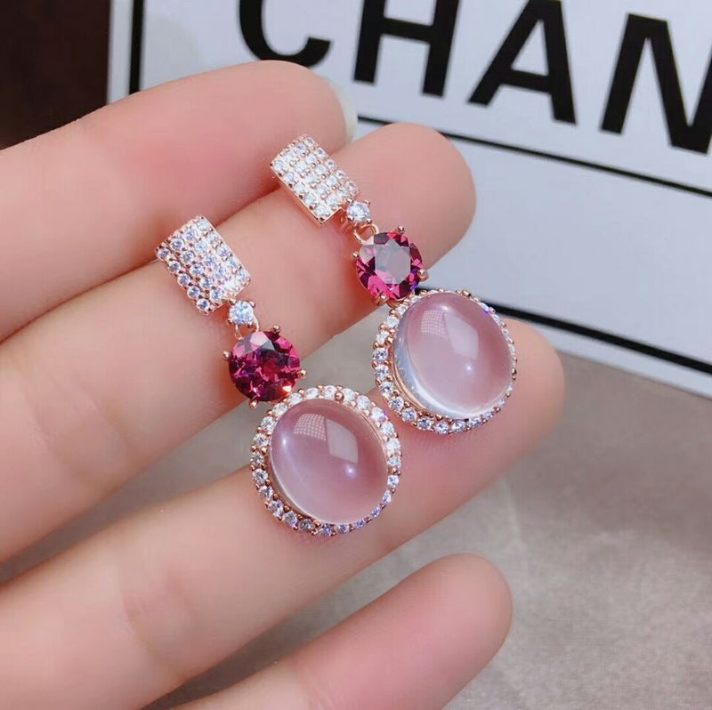 925 Sterling Silver Rose Quartz Gemstone Necklace Earrings and Ring Set for Women