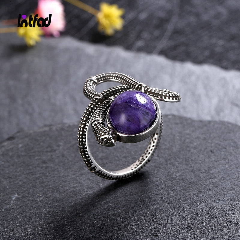 Sterling Silver Charoite Snake Ring for Women