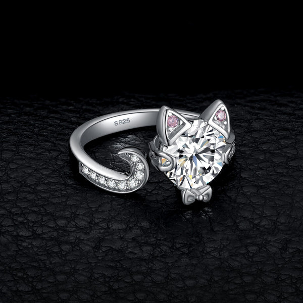 Sterling Silver 3ct Round Gemstone Open Adjustable Love Cat Ring for Women