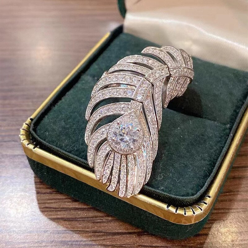 925 Sterling Silver Feather Diamond Ring for Women