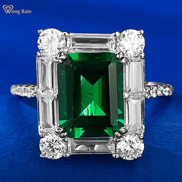 Wong Rain 925 Sterling Silver 7*9MM 2CT Emerald Gemstone Fine Vintage Ring for Women Engagement Jewelry Gifts Anniversary