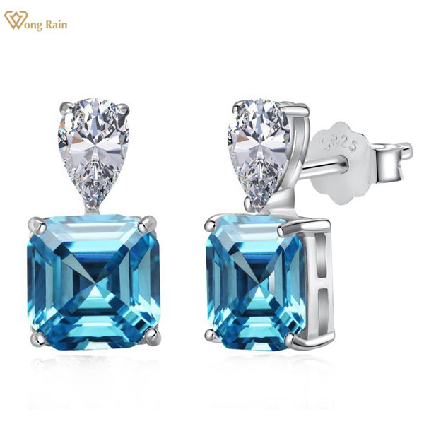 Wong Rain 925 Sterling Silver Asscher Cut 8*8MM Lab Sapphire High Carbon Diamonds Gemstone Studs Earrings Fine Jewelry Wholesale