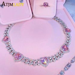 Cubic Zirconia 11mm Miami Cuban Link Chain Hearts Necklace with Pink Heart CZ Charm Choker for Women