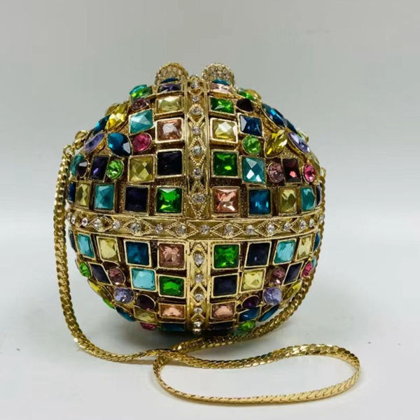 Gold Tone Multi Stone Clutch Purse with Rhinestone Embellishments